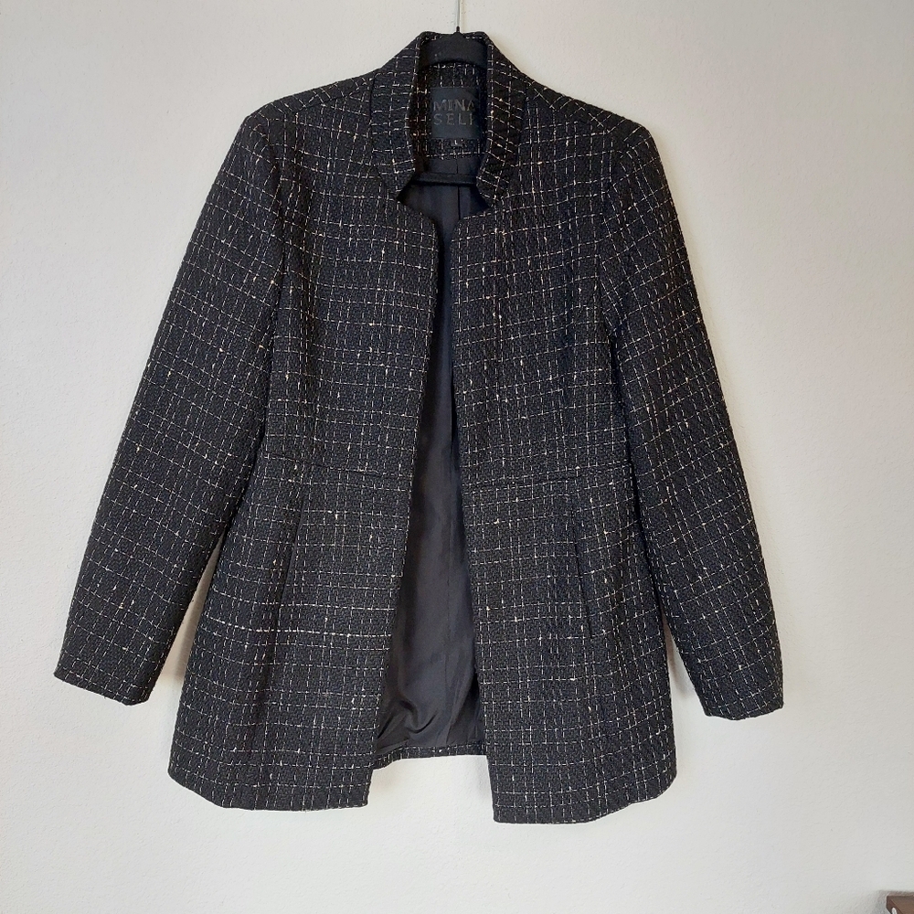 Mina Self Open Front‎ Tweed Blazer Jacket Size Large